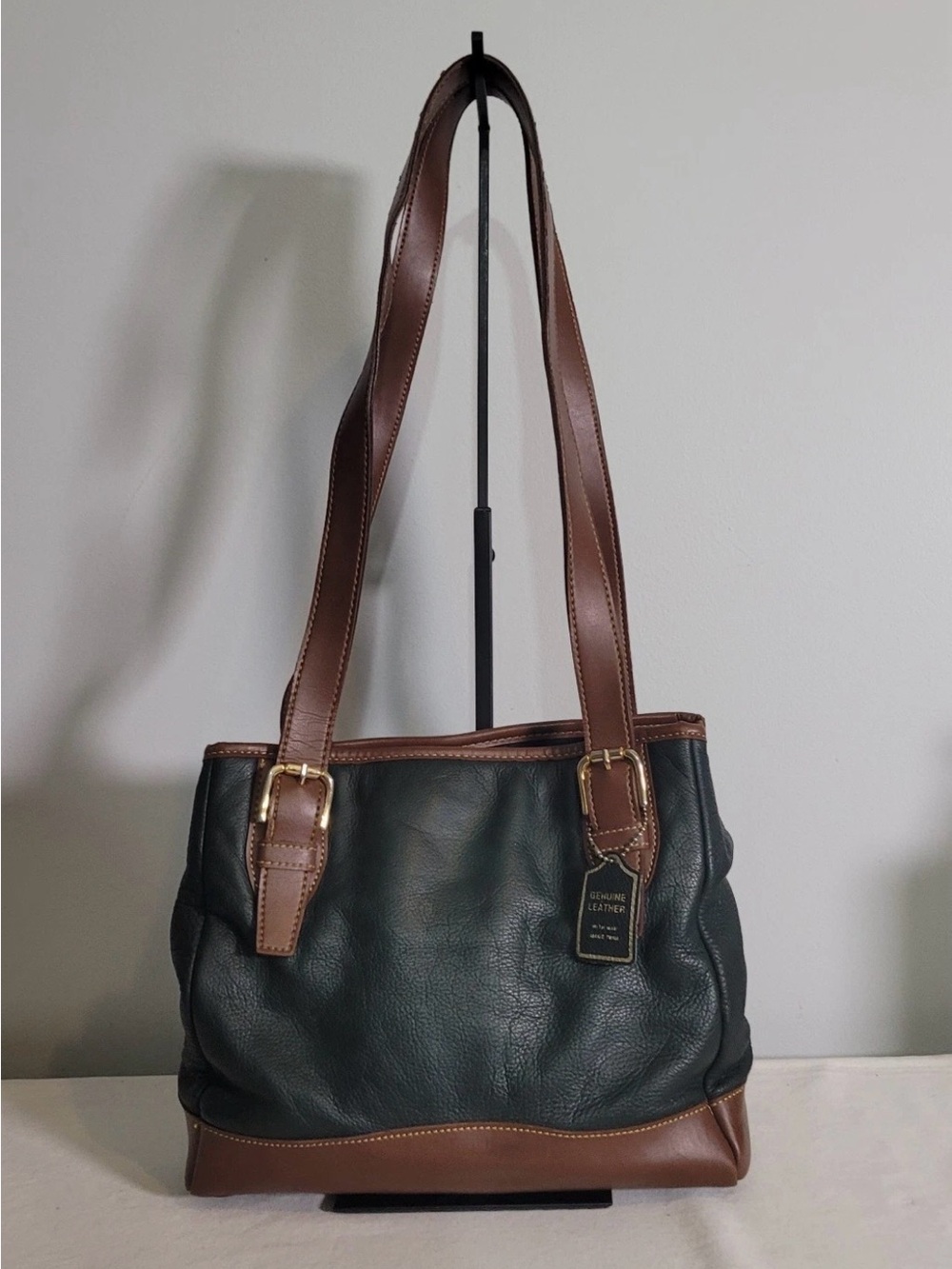 Vintage Forest Green Genuine Leather Shoulder Bag Brown Man Made Trim